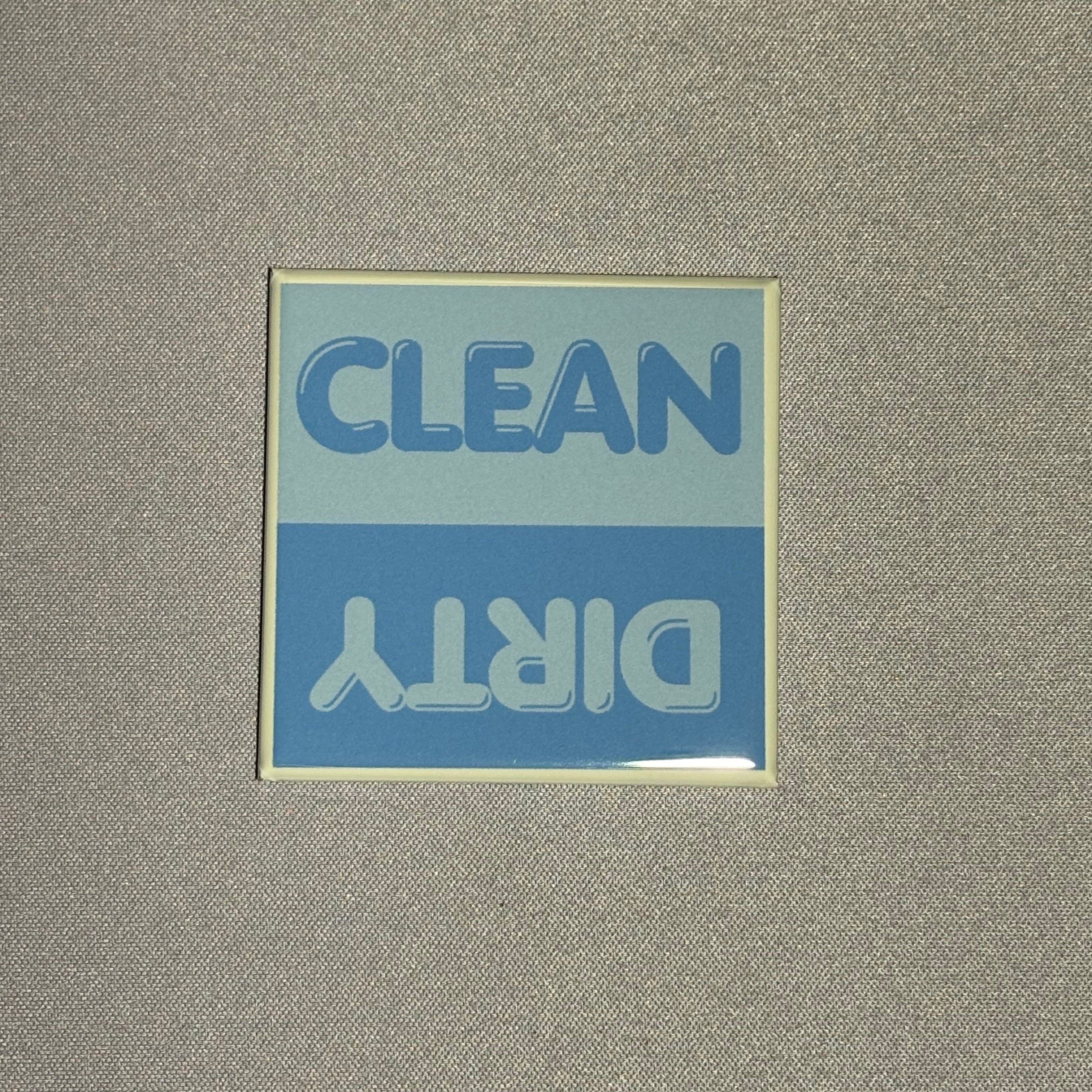 2inx2in blue dishwasher magnet by millie with "clean" and "dirty" to indicate cleanliness of dishes inside dishwasher
