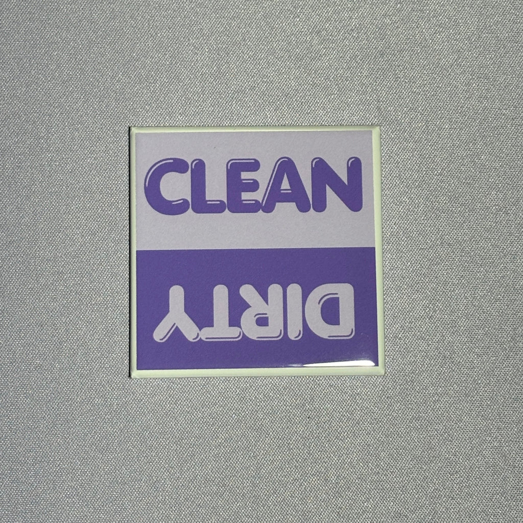 2inx2in dark purple dishwasher magnet by millie with "clean" and "dirty" to indicate cleanliness of dishes inside dishwasher