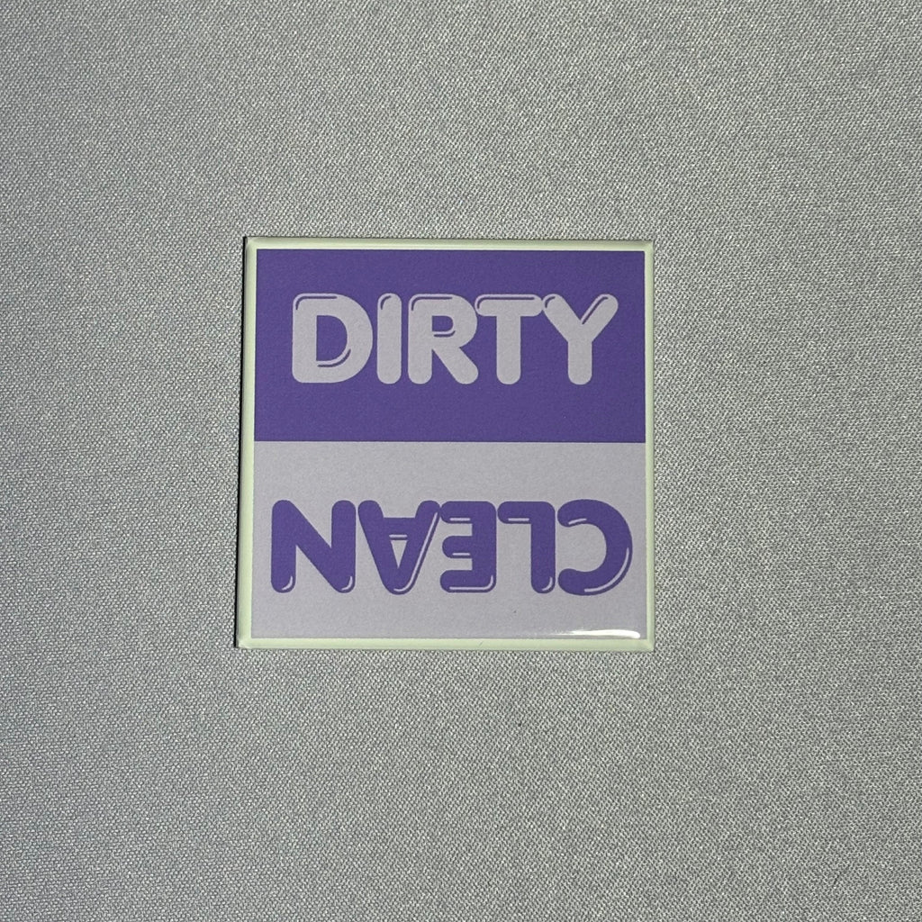 2inx2in dark purple dishwasher magnet by millie with "dirty" and "clean" to indicate cleanliness of dishes inside dishwasher