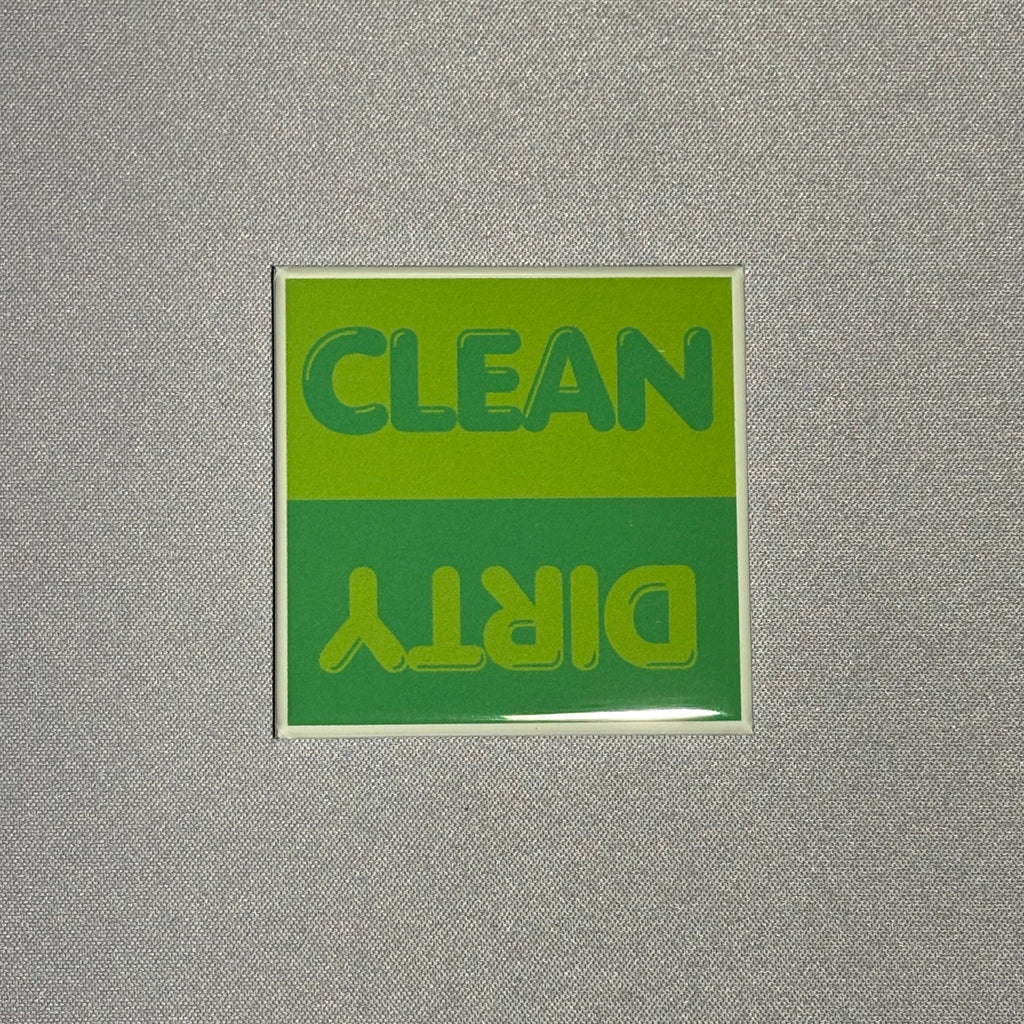 2inx2in green dishwasher magnet by millie with "clean" and "dirty" to indicate cleanliness of dishes inside dishwasher