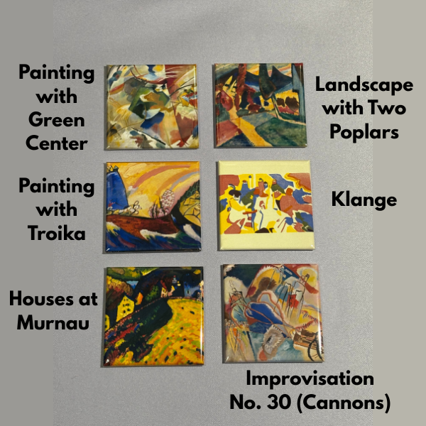 6 square magnets that include paintings by Vasily Kandinsky.