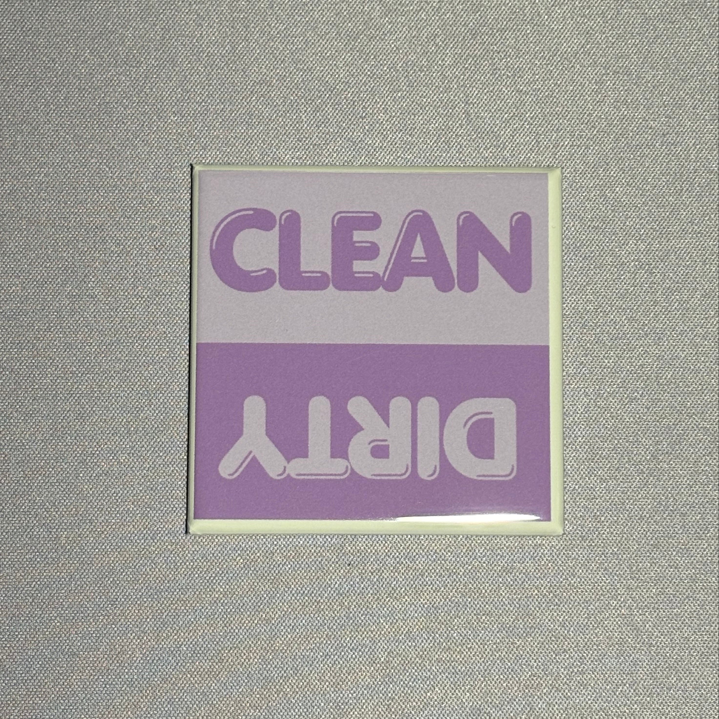 2inx2in light purple dishwasher magnet by millie with "clean" and "dirty" to indicate cleanliness of dishes inside dishwasher