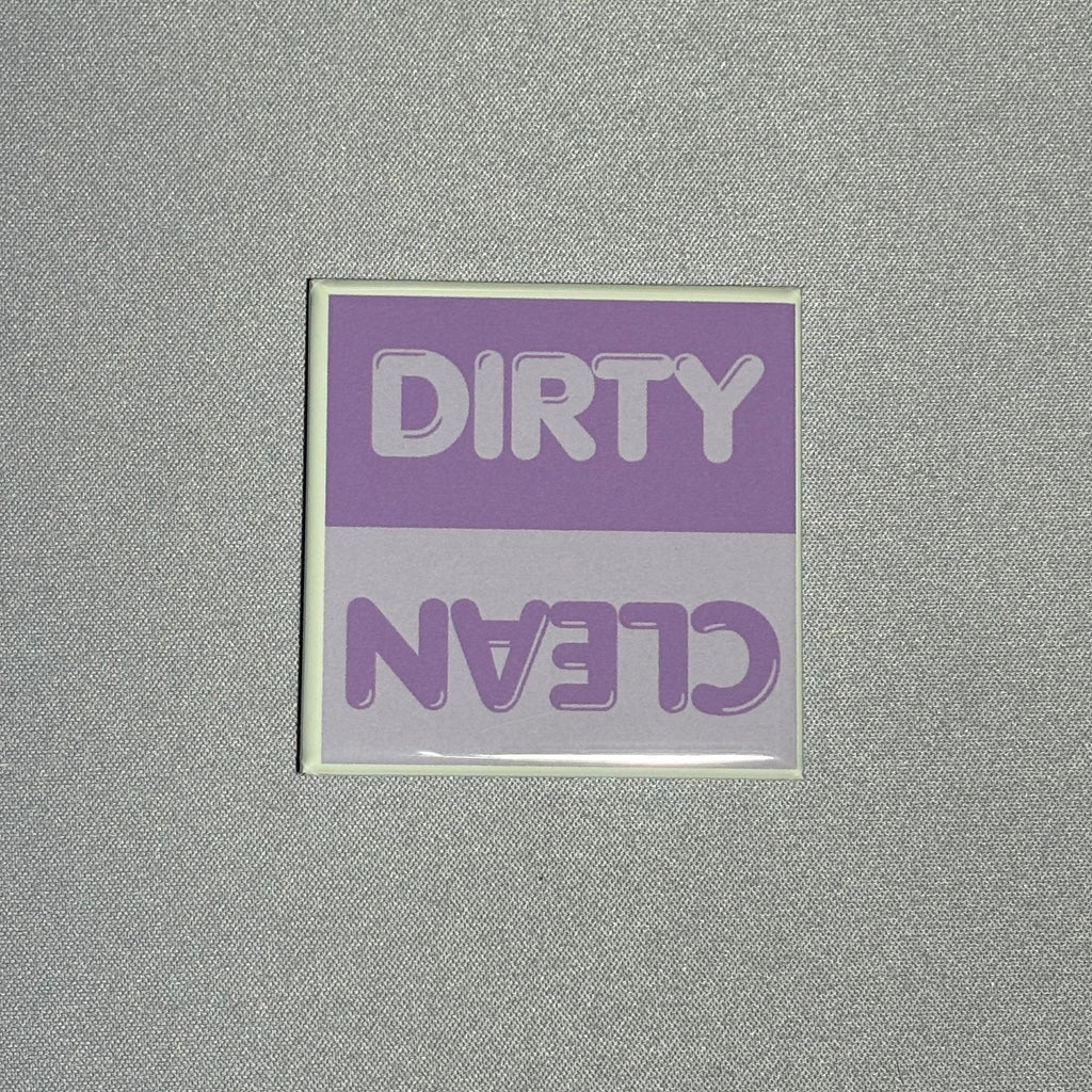 2inx2in light purple dishwasher magnet by millie with "dirty" and "clean" to indicate cleanliness of dishes inside dishwasher