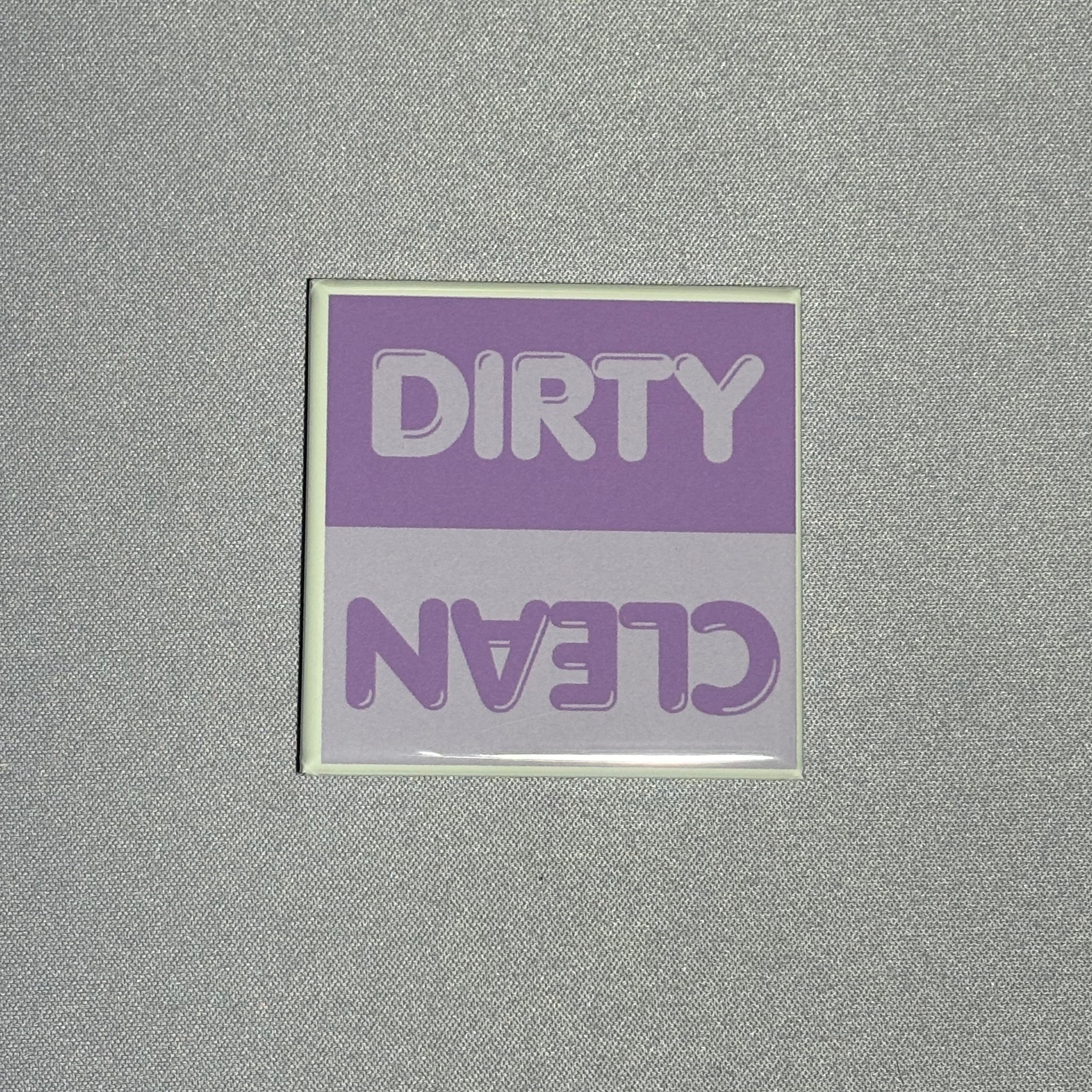 2inx2in light purple dishwasher magnet by millie with "dirty" and "clean" to indicate cleanliness of dishes inside dishwasher