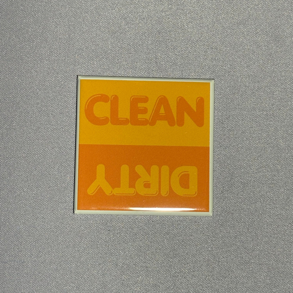 2inx2in orange dishwasher magnet by millie with "clean" and "dirty" to indicate cleanliness of dishes inside dishwasher