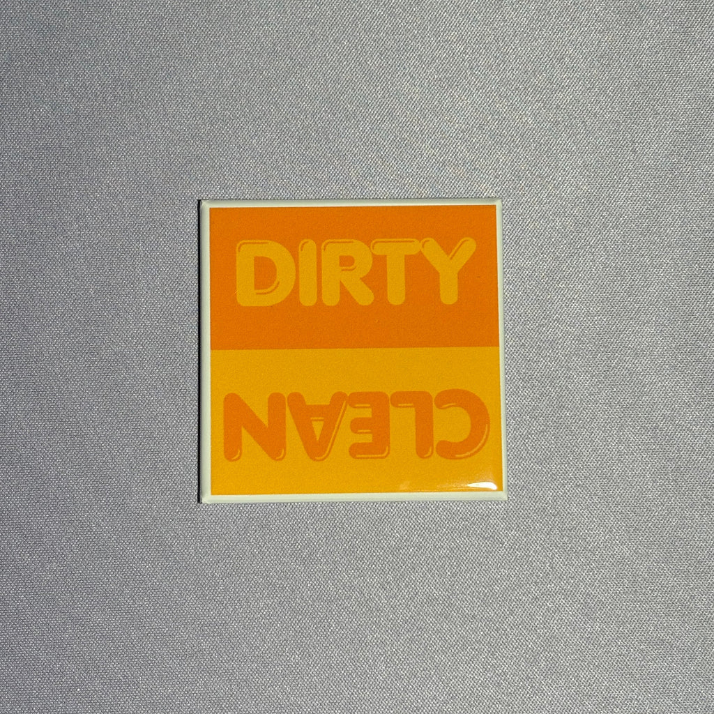 2inx2in orange dishwasher magnet by millie with "dirty" and "clean" to indicate cleanliness of dishes inside dishwasher